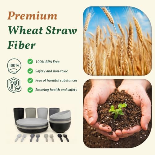 Homienly Wheat Straw Dinnerware Sets 20 PCS Unbreakable Plates and Bowls Set Microwave & Dishwasher Safe Dishes Set for 4 Kitchen Plate Set Party, Camping, RV, Picnic, Apartment-Black Grey