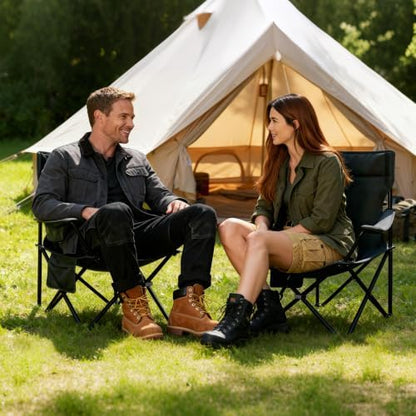SUNW 2 Pack Folding Camping Chair, 300lbs Steel Frame Outdoor Chair with Cup Holder & Side Pocket for Camping Hiking Picnic Beach, Black