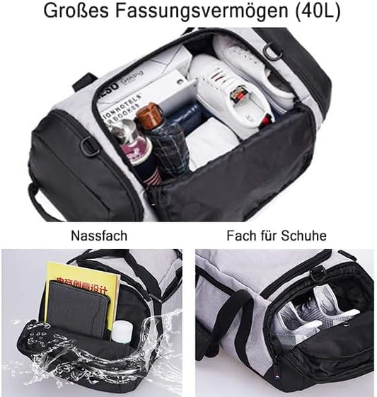 Gym Duffle Bag Backpack Waterproof Sports Duffel Bags Travel Weekender Bag for Men Women Overnight Bag with Shoes Compartment Grey