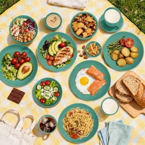Unbreakable Wheat Straw Dinnerware Set 16 PCS - Plates and Bowls Set for 4,Dishwasher & Microwave Safe Lightweight Plates and Bowls Set for Party Camping Kitchen - Green