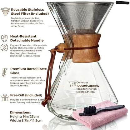 AGOGO Pour Over Coffee Maker Set, 34oz Diamond Style, 304 Stainless Filter