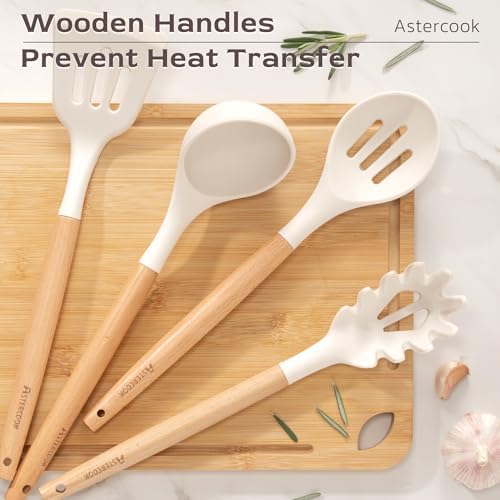 Astercook Kitchen Utensils set, 39 PCS Silicone Cooking Utensils Set with Wooden Handle, 446°F Heat Resistant Food Grade Utensil Sets, BPA Free Kitchen Gadgets Tools Set for Nonstick Cookware (Cream)
