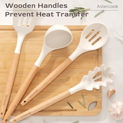 Astercook Kitchen Utensils set, 39 PCS Silicone Cooking Utensils Set with Wooden Handle, 446°F Heat Resistant Food Grade Utensil Sets, BPA Free Kitchen Gadgets Tools Set for Nonstick Cookware (Cream)