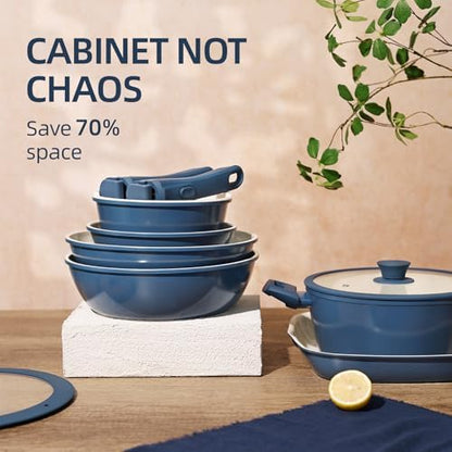BECIGAR 23pcs Ceramic Pots and Pans Set, Nonstick Detachable Handle Cookware, Induction Kitchen Cooking Set with Removable Handle,include Frying Pans & Saucepans Oven Safe(Blue)