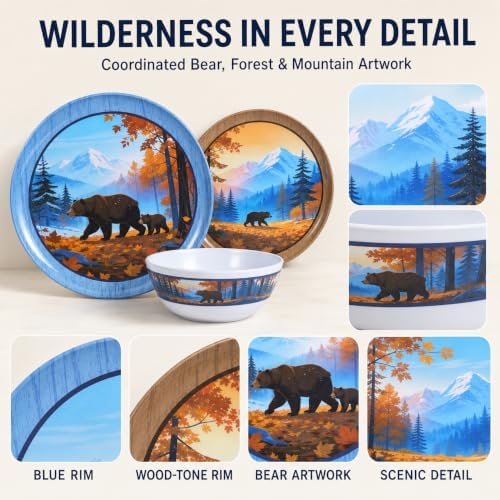 12-Piece Melamine Dinnerware Set for 4, Camping Dishes with Bear Design