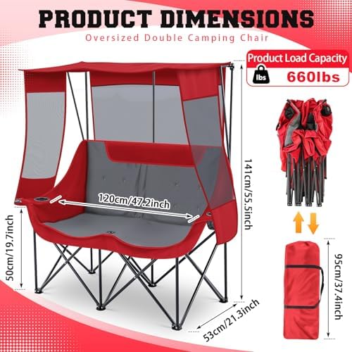 Teenyyou Double Camping Chair with Canopy 660lbs Heavy Duty, Red and Grey