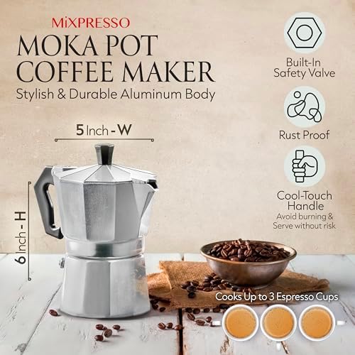 Mixpresso 3 Cup Moka Pot Stovetop Espresso Maker, Italian Cuban Coffee Pot