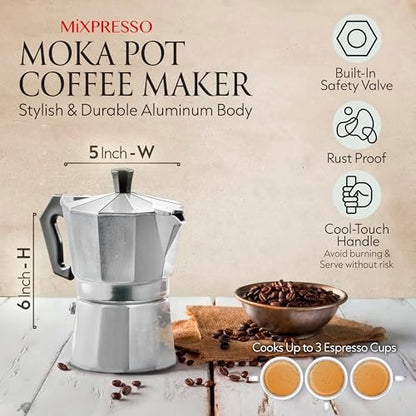 Mixpresso 3 Cup Moka Pot Stovetop Espresso Maker, Italian Cuban Coffee Pot