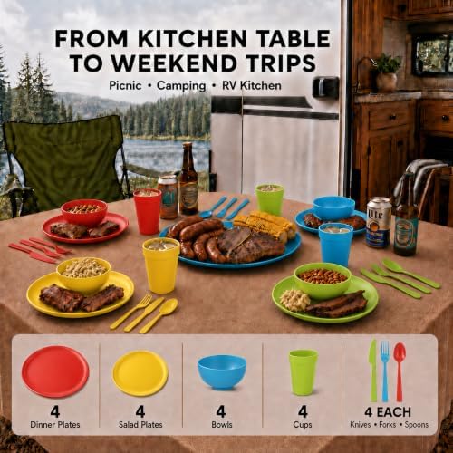 28 Piece Plates and Bowls Sets for 4, Kitchen Dinnerware Sets, Plastic
