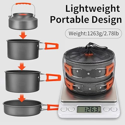 Collapsible Camping Cookware Set, Portable 4-in-1 Outdoor Camping pots and Pans Set with Nonstick Frypan, Pot, Kettle & Carry Bag, Hard-Anodized Aluminum for Camping, Hiking (2-6 Person)