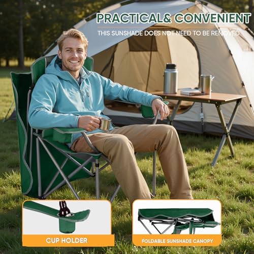 Northroad Folding Camping Chairs with Canopy Shade, Beach Chair w/Cup Holders, Armrests & Carry Bag for Outdoors Travel Sports Fishing, Green