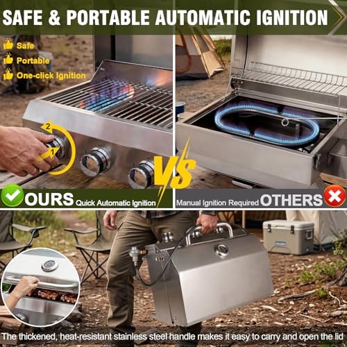 Bestfire 3-Burner Tabletop Gas Grill, Dual Connections, 30,000 BTU Portable Propane Grill, Knobs&Stainless Steel Grates, Compact & Detachable Legs for Camping, RV, BBQ