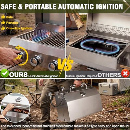 Bestfire 3-Burner Tabletop Gas Grill, Dual Connections, 30,000 BTU Portable Propane Grill, Knobs&Stainless Steel Grates, Compact & Detachable Legs for Camping, RV, BBQ