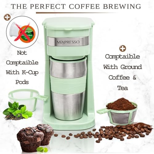 Mixpresso Single Serve & Single Cup Coffee Maker with 14oz Travel Mug Green
