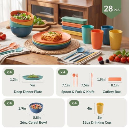 Homienly Wheat Straw Dinnerware Sets 28 Pcs Unbreakable Dishes Set for 4