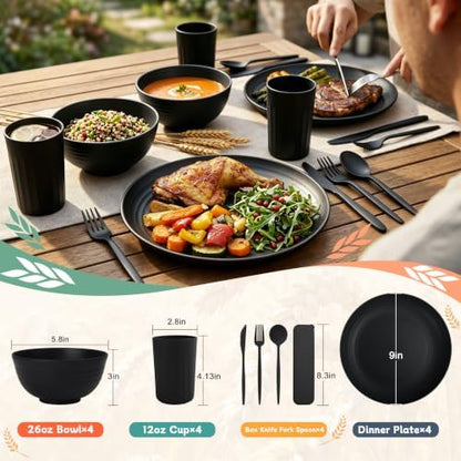 PYRMONT Dinnerware Set Wheat Straw Bowls and Plates Set Unbreakable Kitchen Dishes Service for 4 Microwave & Dishwasher Safe Plastic Dish Set for Camping,RV,Picnic-Black