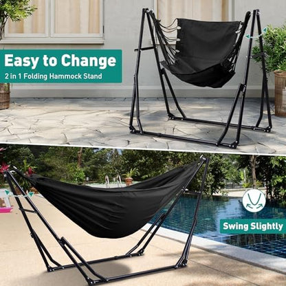 Ainfox Hammock with Foldable Stand, 2 in 1 Hammock and Swinging Chair with Carrying Bag, Portable Camping Chair Suitable for Outside, Swing,Patio,Garden,Camping Trip Black
