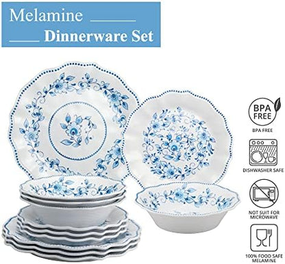 UPware 12 Piece Blue and White Floral Melamine Dinnerware Sets, Outdoor Dishes Set, Plates and Bowls Sets, Service for 4, Blue