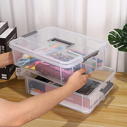 JUXYES 2-Tiers Plastic Stack Carry Storage Containers Box wih Handle Lids