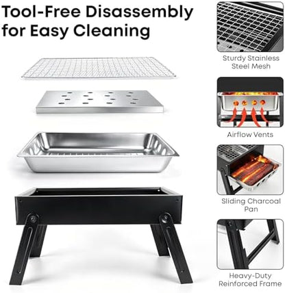 Portable Folding Charcoal Grills, 13.7“x8.7"7.5" Small Camping Campfire Grill, Barbecue Grill for Outdoor Travel Backyard Picnic Beach, with 8-Piece BBQ Accessories