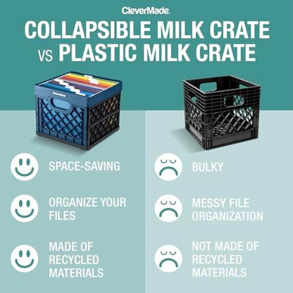 CleverMade Collapsible Milk Crate, 25L Storage Crate, Holds 50 lb, Obsidian (Pack of 6)