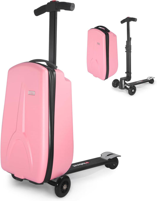 iubest Luggage Carry On Scooter Suitcase for Kids Age 4-15, Detachable & Foldable 4 in 1 Suitcase, Multifunctional Ride On Travel Trolley Scooter Combo-Pink