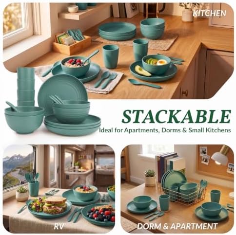 Wheat Straw Dinnerware Sets, Homienly 20pcs Unbreakable Microwave Dishwasher Safe Tableware Lightweight Bowls, Cups, Plates Set Reusable Dinner Plates Bowls set (Green)