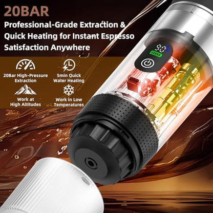 Portable Coffee Maker for Travel & Camping, Portable Espresso Maker with Bag, Rechargeable Cordless Battery Operated Coffee Makers for Ground Coffee, NS Capsule RV, Hiking, Office(Black)