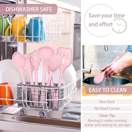 P&P CHEF Pink Kitchen Utensils, Silicone Cooking Utensil Set of 7