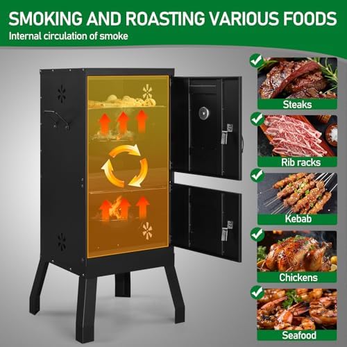 40" Portable Charcoal Grill,Metal Outdoor Barbecue Smoker,Heavy Duty Outdoor BBQ Grill,Portable Vertical Camping Barbecue Grill,with Doors & Thermometer,for Garden Patio Beach Backyard (Black)