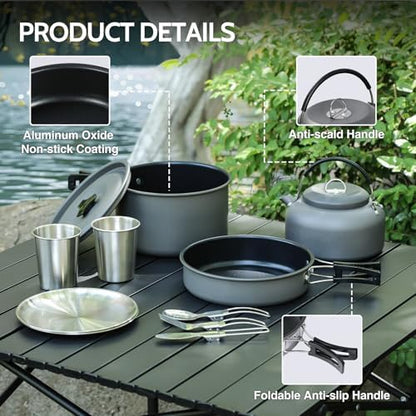 REDCAMP 6/10/11/12/14/15/19 PCS Camping Cookware Mess Kit Camping Gear Campfire Utensils Lightweight Stackable Pot Pan Bowls Soup Spoon with Storage Bag for Camping, Backpacking, Outdoor Cooking