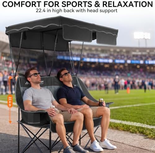 Huskfirm Double Camping Chair with Canopy Shade Folding Camping Couch Black
