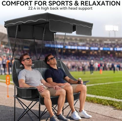 Huskfirm Double Camping Chair with Canopy Shade Folding Camping Couch Black