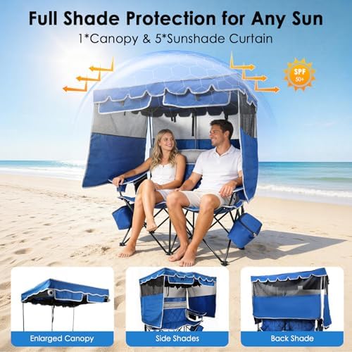Suteck Double Camping Chair with Canopy, 660lbs Folding Loveseat with Shade