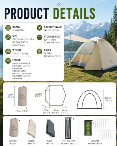 Camping Tent 2 Person, Backpacking Tent, 20D Nylon/Taffeta PU3000mm