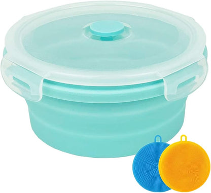 CARTINTS Small Collapsible Bowl Silicone Food Storage Containers Collapsible Camping Bowl for Travel Camping Hiking with Airtight Plastic Lids and 2Pack Silicone Dish Sponges- Blue, 500ml