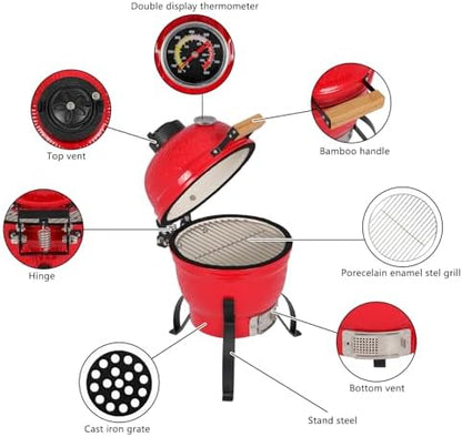 Outvita Ceramic Grill, 13" Round Kamado Charcoal with Thermometer, Red