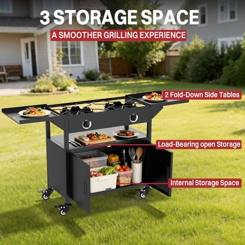 2 Burner Propane Camping Stove Outdoor|150000 BTU|Side Shelf with Cabinet