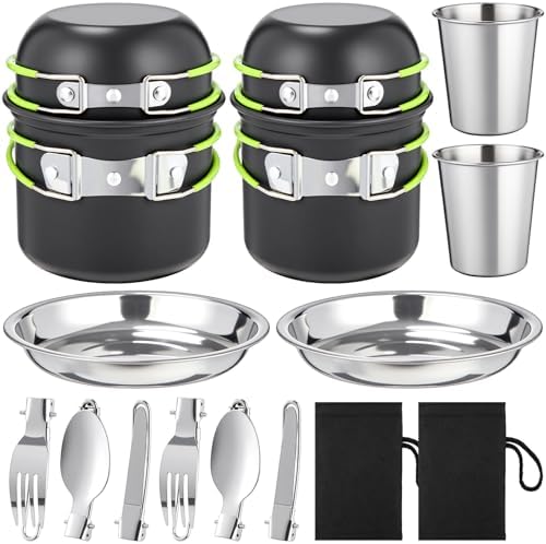 18-Pcs Camping Cookware Mess Kit for 2, Non-Stick Lightweight Pot Pan Set with Stainless Steel Cups & Plates, Folding Utensils with 3 Storage Bags for Emergency Prep, Hiking, Picnic