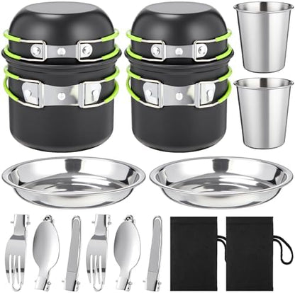 18-Pcs Camping Cookware Mess Kit for 2, Non-Stick Lightweight Pot Pan Set with Stainless Steel Cups & Plates, Folding Utensils with 3 Storage Bags for Emergency Prep, Hiking, Picnic