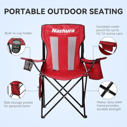 Nazhura 4 Pack Outdoor Camping Chairs Folding/Foldable/Portable with Cooler Pouch, Mesh Backrest and Cup Holder Pocket (Red, Metal, 4 Pack)