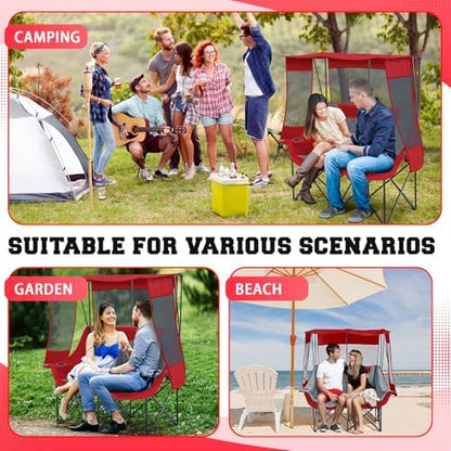Teenyyou Double Camping Chair with Canopy 660lbs Heavy Duty, Red and Grey