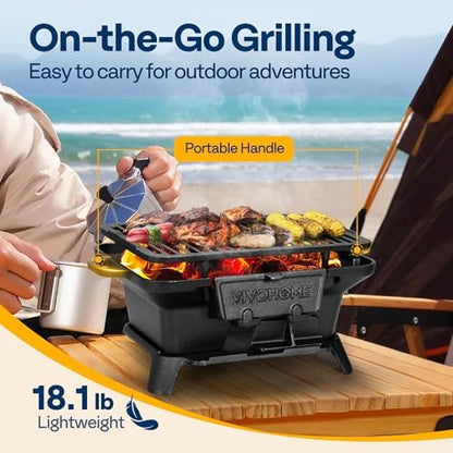 VIVOHOME Rectangle Cast Iron Charcoal Grill with Double-Sided Grate