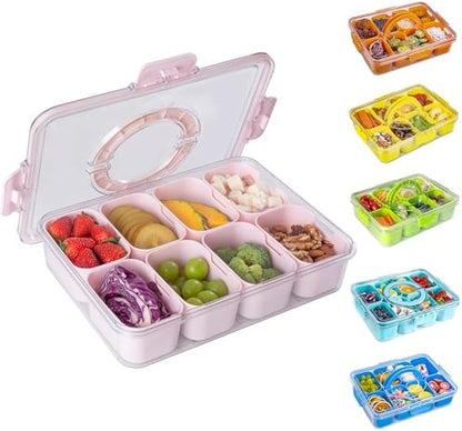 WACOI Divided Snack Serving Tray with Lid and Handle Travel Snackle Charcuterie Container Portable Storage Organizer for Candy, Fruits, Nuts, Snacks, Party, Picnic (1pack, Pink)