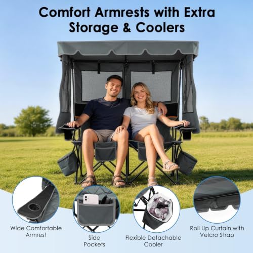 Suteck Double Camping Chair with Canopy, 660lbs Folding Loveseat with Shade