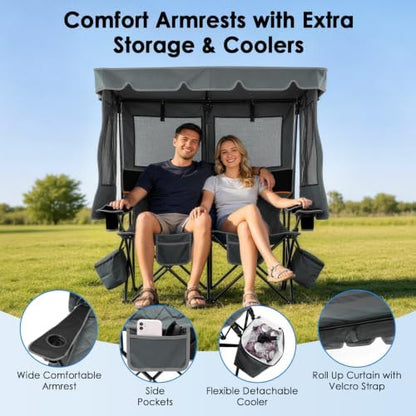 Suteck Double Camping Chair with Canopy, 660lbs Folding Loveseat with Shade