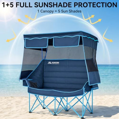 Huskfirm Double Camping Chair with Canopy Shade Folding Heavy Duty Blue