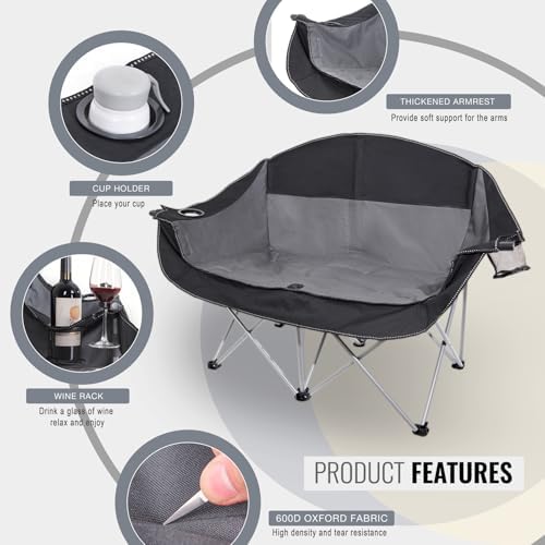Double Camping Chair Heavy Duty 600LBS 2 Person Loveseat Portable w Holder