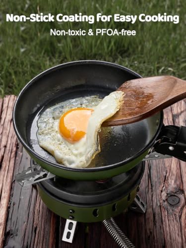Odoland 5pcs Camping Cookware Non-Stick Camping Pot and Pan Set with Kettle and Removable Handle for Hiking Backpacking and Picnic