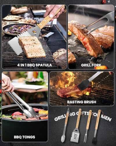 4PCS Grilling Accessories BBQ Tools - Stainless Steel Grill Set with Tongs, Fork, Spatula, Brush, Carrying Bag, Birthday for Men, Father, Husband